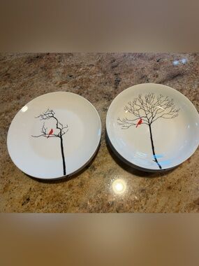 Melange Porcelain “Birds in Forest” Dinnerware. (4) Soup Bowls (4) Salad Plates.